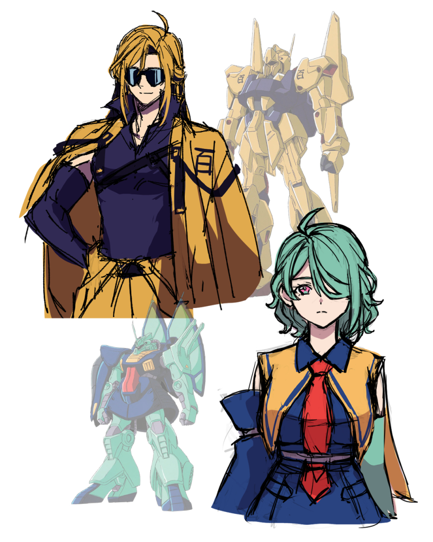 1boy 1girl ahoge asymmetrical_sleeves black_shirt blonde_hair blue_dress cape closed_mouth collared_dress collared_shirt commentary dijeh dress frown green_eyes green_hair green_sleeves gundam hair_between_eyes hair_over_one_eye hand_on_own_hip highres hyaku_shiki jacket jacket_on_shoulders long_hair long_sleeves looking_at_viewer multicolored_eyes necktie pants personification pink_eyes popped_collar red_necktie reference_inset shirt short_hair simple_background sleeveless sleeveless_dress smile sunglasses upper_body wavy_hair white_background wing_collar yellow_cape yellow_jacket yellow_pants yy0880yy zeta_gundam