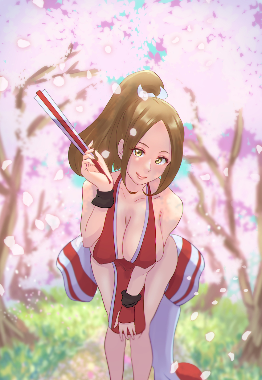 absurdres breasts fatal_fury highres large_breasts long_hair ponytail sakura_petals shiranui_mai smile solo tree