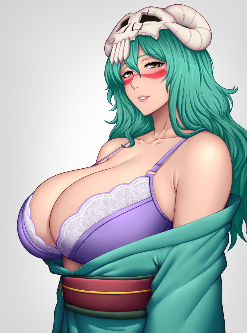 absurdres bare_shoulders bleach bra breast_press breasts cleavage collarbone cracked_mask espada facial_mark green_hair highres japanese_clothes kimono large_breasts long_hair looking_at_viewer mask mask_on_head nelliel_tu_odelschwanck purple_bra shinjicoca simple_background underwear