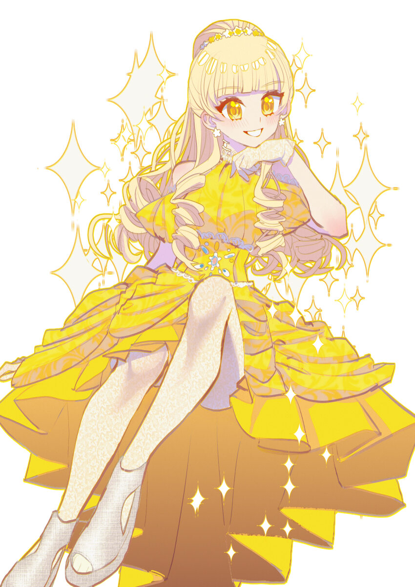 1girl absurdres bare_shoulders blonde_hair blunt_bangs clothing_cutout commentary dress earrings eyelashes floral_print flower flower_earrings flower_hairband foot_out_of_frame frilled_dress frills gloves grin hair_bun hairband hand_on_own_chin highres himeno_ran jewelry knee_up knees lace lace-trimmed_corset lace_gloves lem_(user_rfam2785) light_blush long_hair medium_dress ohsama_sentai_king-ohger outline puffy_short_sleeves puffy_sleeves ringlets sandals short_sleeves shoulder_cutout sidelocks simple_background single_hair_bun sitting smile solo sparkle super_sentai toes white_background white_flower white_footwear white_gloves yellow_corset yellow_dress yellow_eyes yellow_flower yellow_hairband yellow_outline