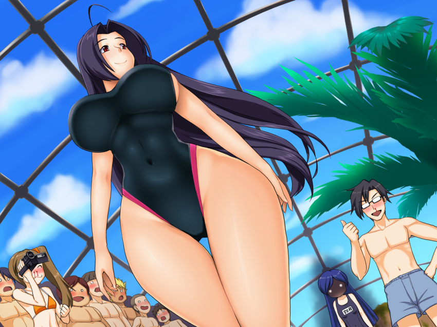 3girls 6+boys ahoge aura blood breast_envy breasts camera competition_swimsuit dark_aura dutch_angle flat_chest from_below futami_mami glowing glowing_eyes highleg highleg_one-piece_swimsuit hip_focus huge_breasts idolmaster idolmaster_(classic) impossible_clothes impossible_swimsuit kawanuma_uotsuri kisaragi_chihaya large_breasts legs miura_azusa multiple_boys multiple_girls nosebleed o_o one-piece_swimsuit producer_(idolmaster) producer_(idolmaster_anime) school_swimsuit side_ponytail sideboob swimsuit thigh_gap thighs wide_hips