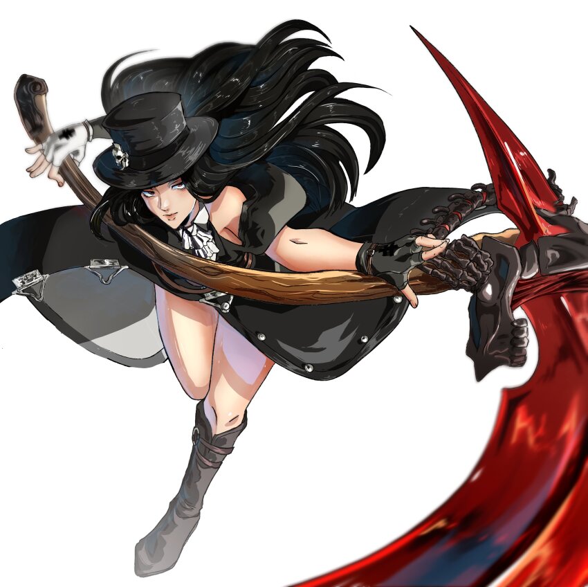 1other absurdres androgynous ascot asymmetrical_gloves asymmetrical_sleeves bare_shoulders black_gloves black_hair fingerless_gloves gloves guilty_gear guilty_gear_strive hair_flowing_over hat hat_ornament highres holding holding_scythe long_hair looking_at_viewer motion_blur other_focus red_eyes scythe skull skull_hat_ornament solo swinging_weapon testament_(guilty_gear) thighs top_hat white_ascot zorb11s