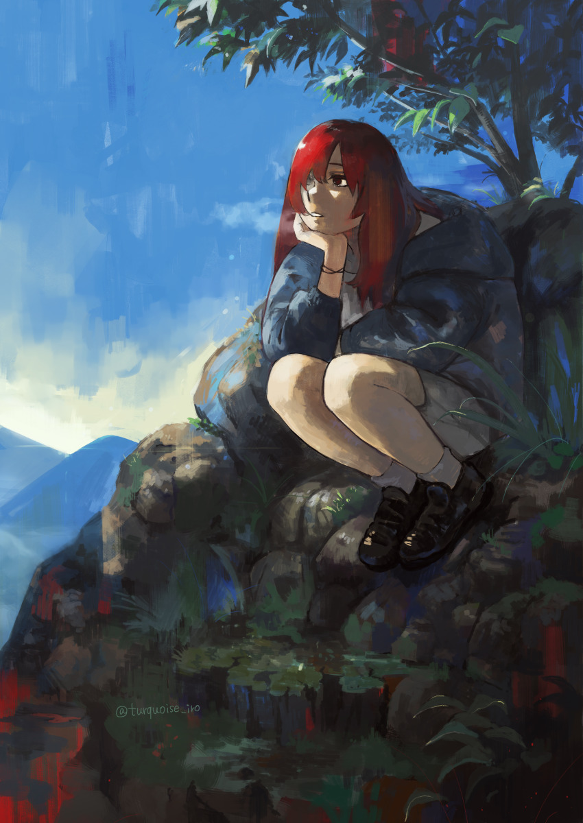 1girl absurdres ankle_socks artist_name bracelet breath commentary_request elbow_rest foliage grass hair_over_one_eye head_rest highres hood hood_down jacket jewelry knees_up leaning_forward long_hair looking_to_the_side mountain original outdoors painterly parted_lips red_eyes red_hair rock shoes sitting sky socks solo tree turquoise_iro twitter_username