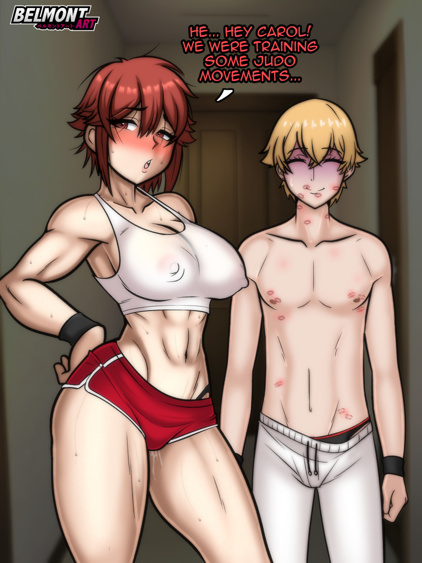 1boy 1girl absurdres aizawa_tomo bare_shoulders belmont_art blonde_hair blurry blurry_background blush breasts buruma cleavage closed_eyes closed_mouth covered_erect_nipples cowboy_shot door embarrassed hair_between_eyes hallway hand_on_own_hip highres indoors large_breasts lipstick_mark matching_hair/eyes midriff misaki_kousuke navel netorare open_mouth pants pussy_juice red_eyes red_hair red_shorts short_hair shorts sleeveless smile sports_bra sportswear standing text_focus tomo-chan_wa_onna_no_ko white_pants wristband