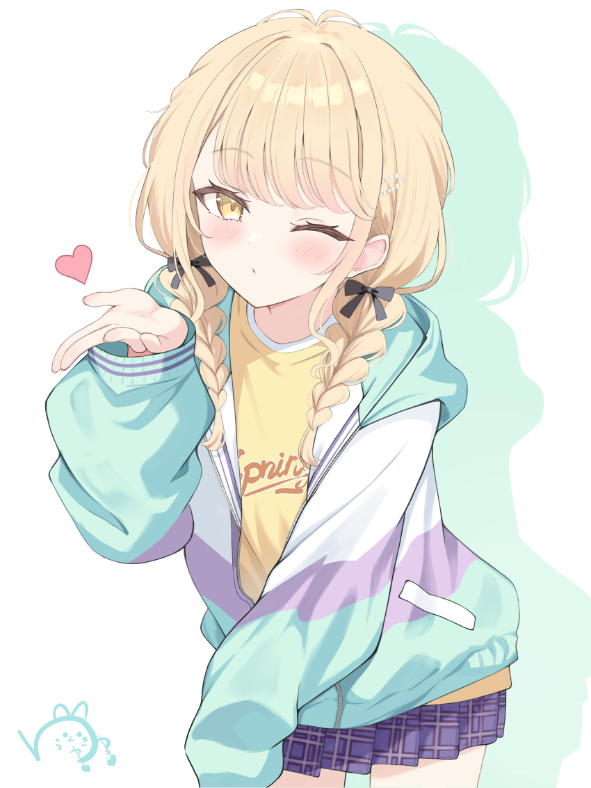 1girl absurdres blonde_hair blowing_kiss blush braid commentary cowboy_shot flat_chest fujita_kotone gakuen_idolmaster green_hoodie highres hood hoodie idolmaster leaning_forward long_sleeves looking_at_viewer miniskirt multicolored_clothes multicolored_hoodie one_eye_closed open_clothes open_hoodie plaid_clothes plaid_skirt pleated_skirt purple_hoodie purple_skirt shirt single_sleeve_past_fingers skirt snow-yuuki solo standing twin_braids white_background white_hoodie yellow_eyes yellow_shirt