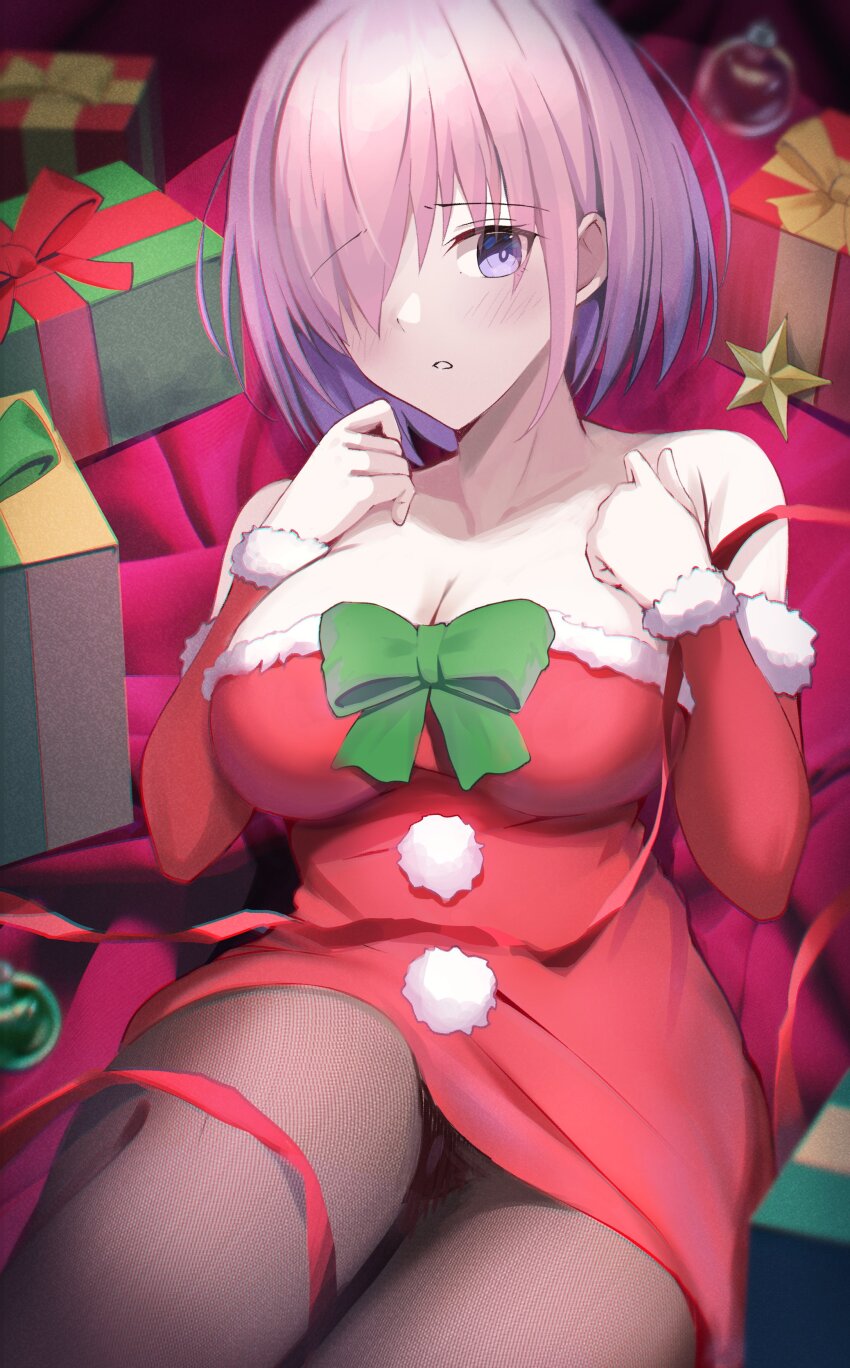 1girl absurdres asymmetrical_bangs bare_shoulders bob_cut breasts cleavage dress fate/grand_order fate_(series) gift hair_over_one_eye highres large_breasts looking_at_viewer mash_kyrielight mishiro_(ixtlolton) open_mouth pink_hair purple_eyes ribbon santa_dress short_hair solo thighhighs thighs