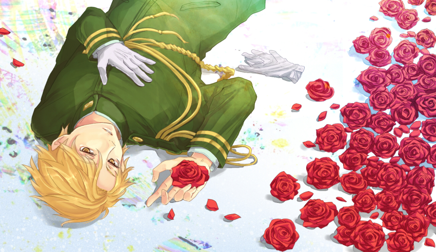 1boy agemaki_kei aiguillette blonde_hair flower gloves long_hair lying male_focus military military_uniform on_back otome_youkai_zakuro petals red_flower red_rose rose rose_petals sesto single_glove solo upside-down yellow_eyes