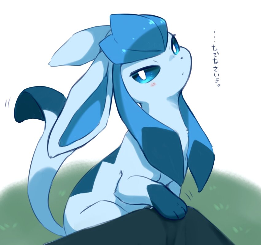 animal_focus blue_hair blue_sclera blush closed_mouth colored_sclera creatures_(company) from_side game_freak gen_4_pokemon glaceon grass head_tilt highres ingi japanese_text long_hair looking_at_viewer multicolored_hair nintendo on_ground pokemon pokemon_(creature) pov sidelocks simple_background sitting solo_focus talking translation_request two-tone_hair white_background white_eyes