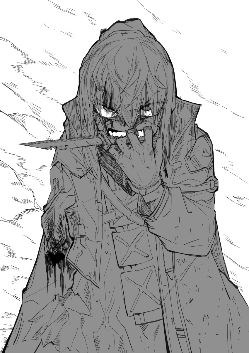 1girl absurdres amputee frown girls&#039;_frontline greyscale highres knife_in_mouth monochrome sketch solo st_ar-15_(girls&#039;_frontline) takoongyi