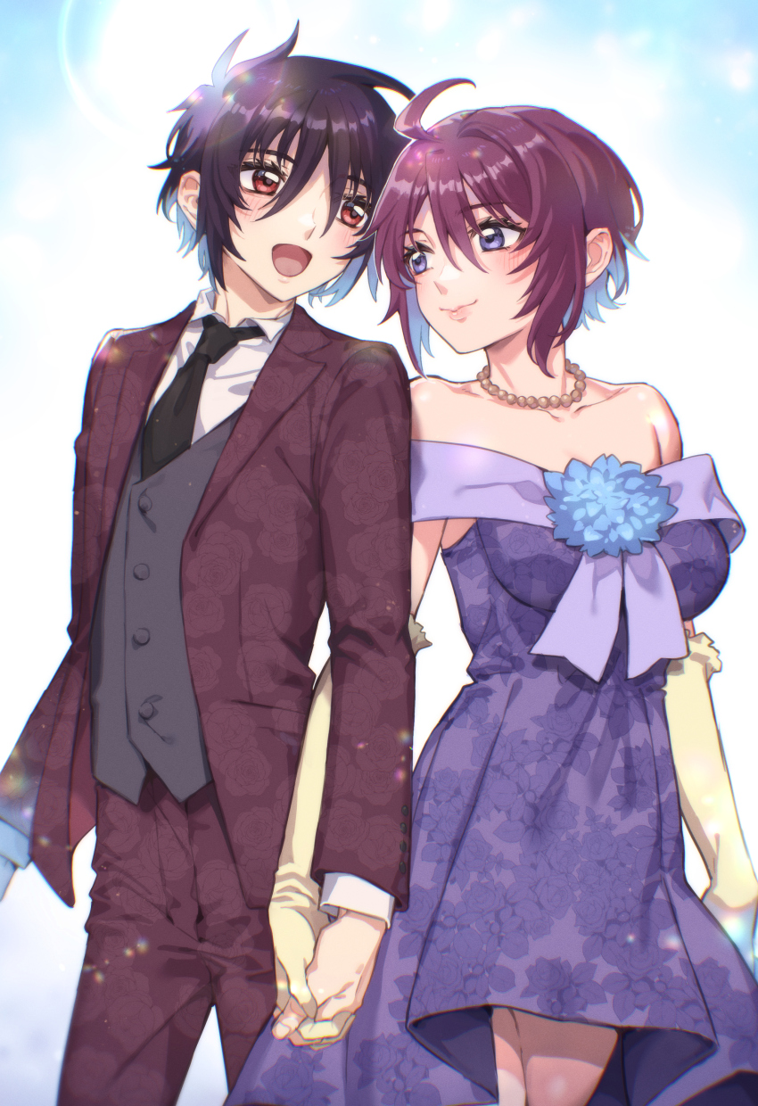 1boy 1girl absurdres ahoge bare_shoulders black_hair blush breasts collared_shirt couple dress formal_clothes gloves gundam gundam_seed gundam_seed_freedom hetero highres holding holding_hands jacket lunamaria_hawke necktie nerune_j open_mouth pants purple_dress purple_eyes purple_hair red_eyes shinn_asuka shirt short_hair sleeveless sleeveless_dress smile suit suit_jacket