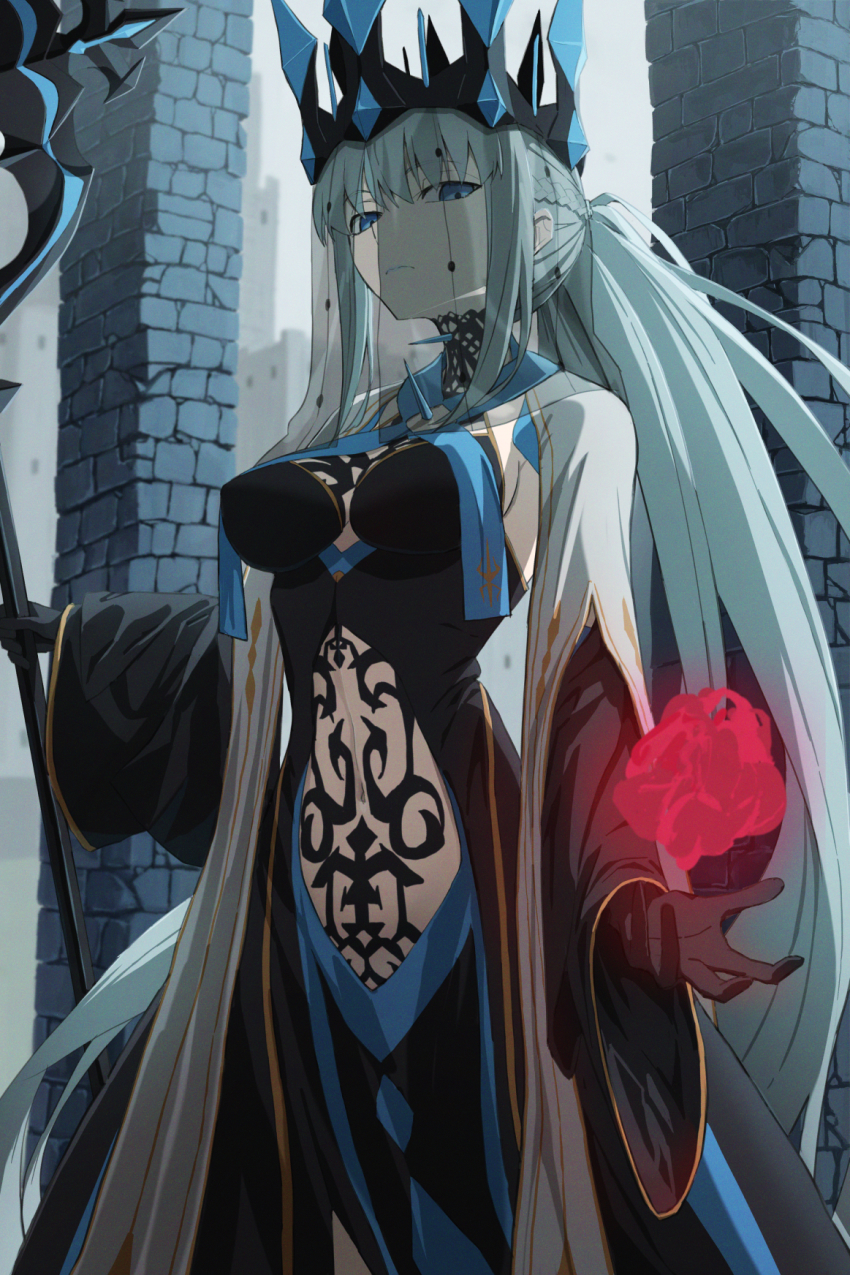 1girl black_bow black_dress blue_eyes bow braid breasts clothing_cutout crown dress fate/grand_order fate_(series) grey_hair hair_bow half_up_braid highres kamo_ashi large_breasts long_hair long_sleeves looking_at_viewer morgan_le_fay_(fate) morgan_le_fay_(queen_of_winter)_(fate) navel navel_cutout pelvic_curtain ponytail sidelocks solo staff two-tone_dress veil very_long_hair white_dress wide_sleeves