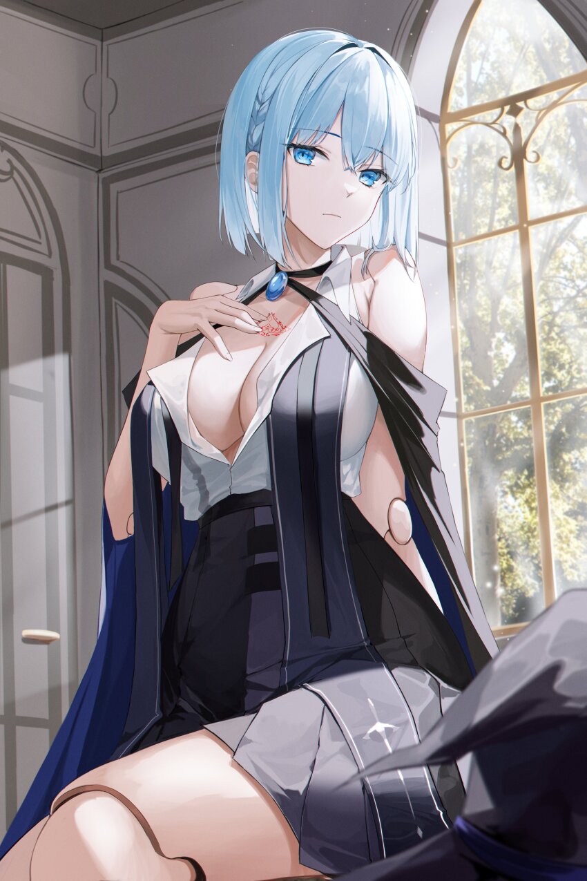 1girl absurdres aqua_hair bare_shoulders black_choker black_skirt blue_eyes braid breasts choker cleavage doll doll_joints hair_between_eyes highres indoors joints kuro_(rudyan0128) large_breasts looking_at_viewer medium_hair original shirt sitting skirt solo white_shirt