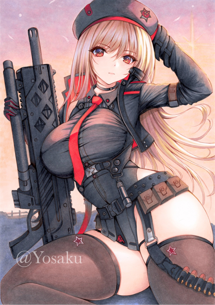 1girl adjusting_clothes beret black_gloves black_hat black_jacket bodysuit breasts brown_hair closed_mouth cowboy_shot gloves goddess_of_victory:_nikke hat highres holding holding_weapon jacket leotard leotard_under_clothes long_hair long_sleeves looking_at_viewer military_hat rapi_(nikke) red_eyes sitting solo thighs traditional_media twitter_username weapon wide_hips yosaku