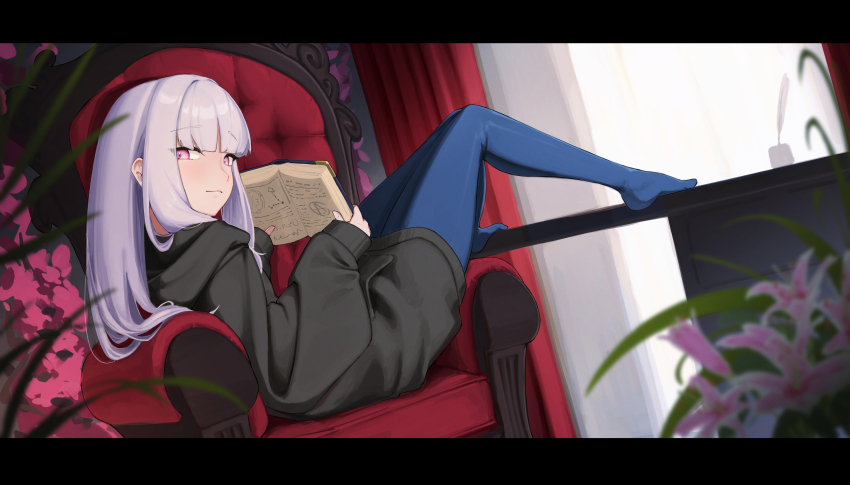 1girl armchair black_hoodie blue_pantyhose blurry blurry_foreground book chair closed_mouth commentary commission curtains day depth_of_field desk english_commentary fire_emblem fire_emblem:_three_houses flower grey_hair highres holding holding_book hood hood_down hoodie indoors inkwell light_smile long_hair long_hoodie long_sleeves looking_at_viewer looking_to_the_side lysithea_von_ordelia nintendo on_chair open_book pantyhose pink_eyes pink_flower pixiv_commission plant puffy_long_sleeves puffy_sleeves quill red_flower sleeves_past_wrists solo sppzr sunlight window