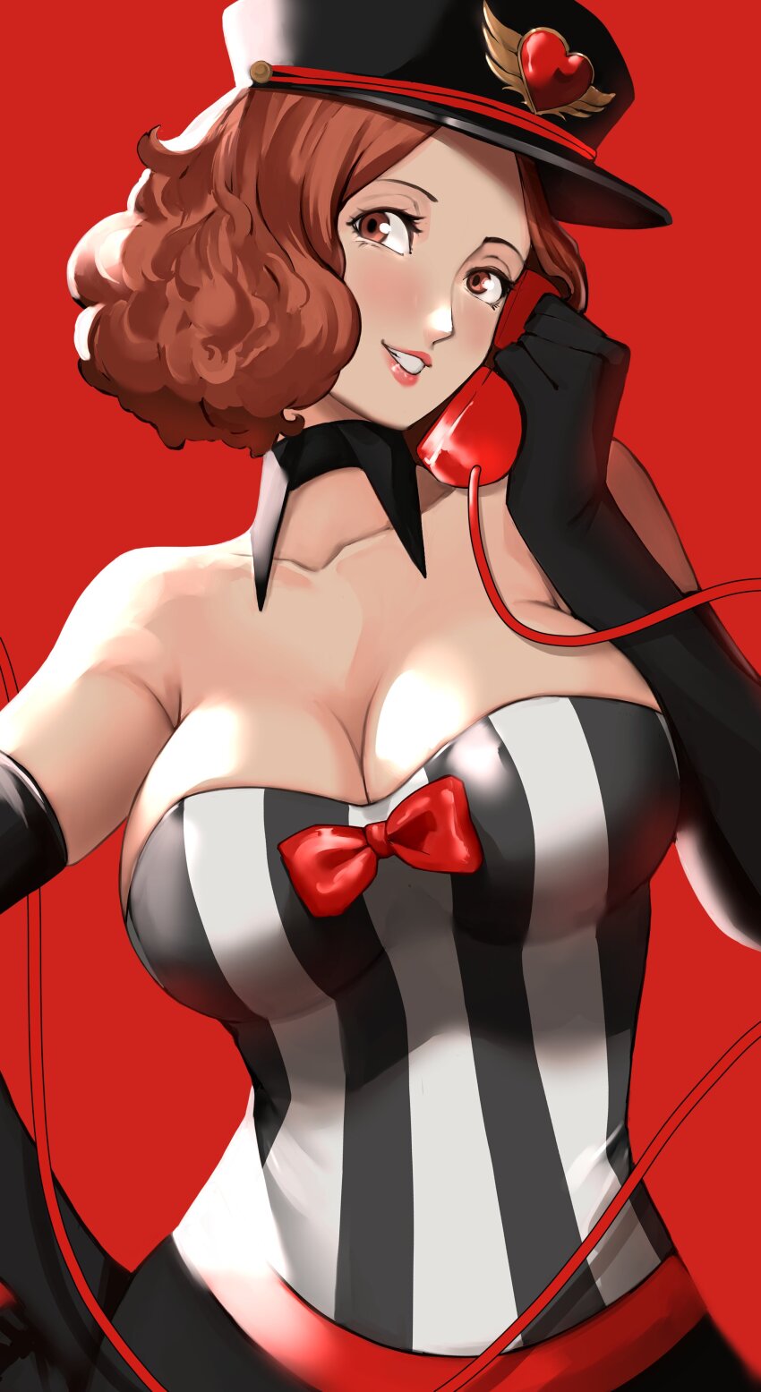 1girl absurdres bare_shoulders black_gloves bow bowtie breasts brown_eyes brown_hair cleavage collarbone corded_phone elbow_gloves gloves grin hand_on_own_hip hat highres holding holding_phone large_breasts lips looking_at_viewer okumura_haru peaked_cap persona persona_5 phone red_background red_bow red_bowtie shirt short_hair smile solo strapless striped_clothes striped_shirt tube_top upper_body xiiicaelum