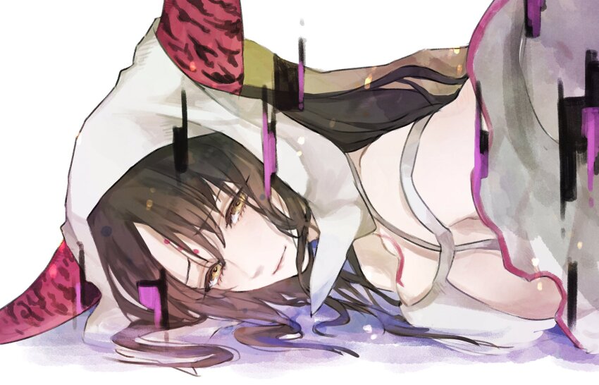 1girl black_hair black_horns breasts chest_tattoo closed_mouth dress facial_mark fate/extra fate/extra_ccc fate_(series) forehead_mark glitch highres horns large_breasts long_hair looking_at_viewer lying multicolored_horns on_floor on_stomach parted_bangs pink_horns portrait sessyoin_kiara shadow shiraishi_(siraisi00) sideboob simple_background solo tattoo veil white_background white_dress white_veil yellow_eyes