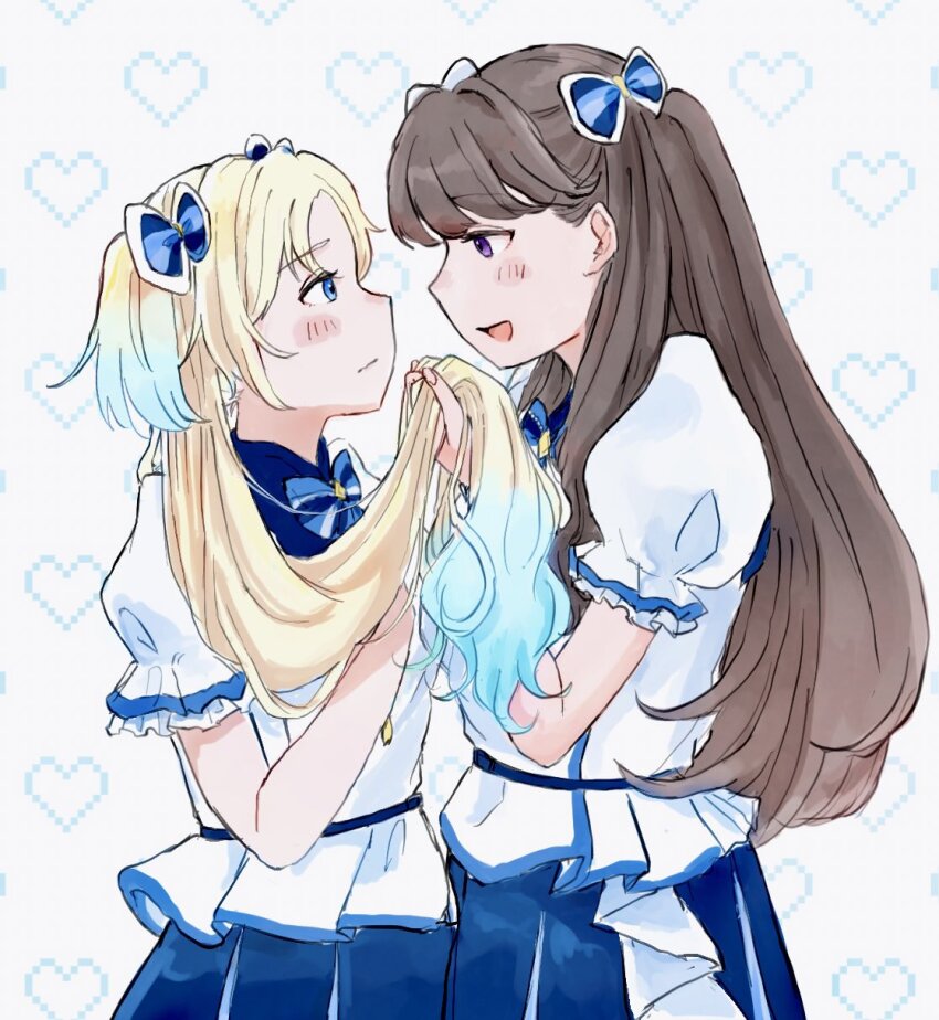 2girls 365_days_(love_live!) blonde_hair blue_bow blue_eyes blue_hair blue_skirt blush bow brown_hair closed_mouth commentary_request eye_contact frilled_sleeves frills fujishima_megumi gradient_hair hair_bow heart heart_background highres holding_another&#039;s_hair light_blue_hair link!_like!_love_live! long_hair looking_at_another love_live! multicolored_hair multiple_girls official_alternate_costume open_mouth osawa_rurino parted_bangs pixel_heart pleated_skirt profile puffy_short_sleeves puffy_sleeves purple_eyes shirt short_sleeves sideways_mouth skirt smile twintails two_side_up upper_body virtual_youtuber white_background white_shirt yam5565 yuri