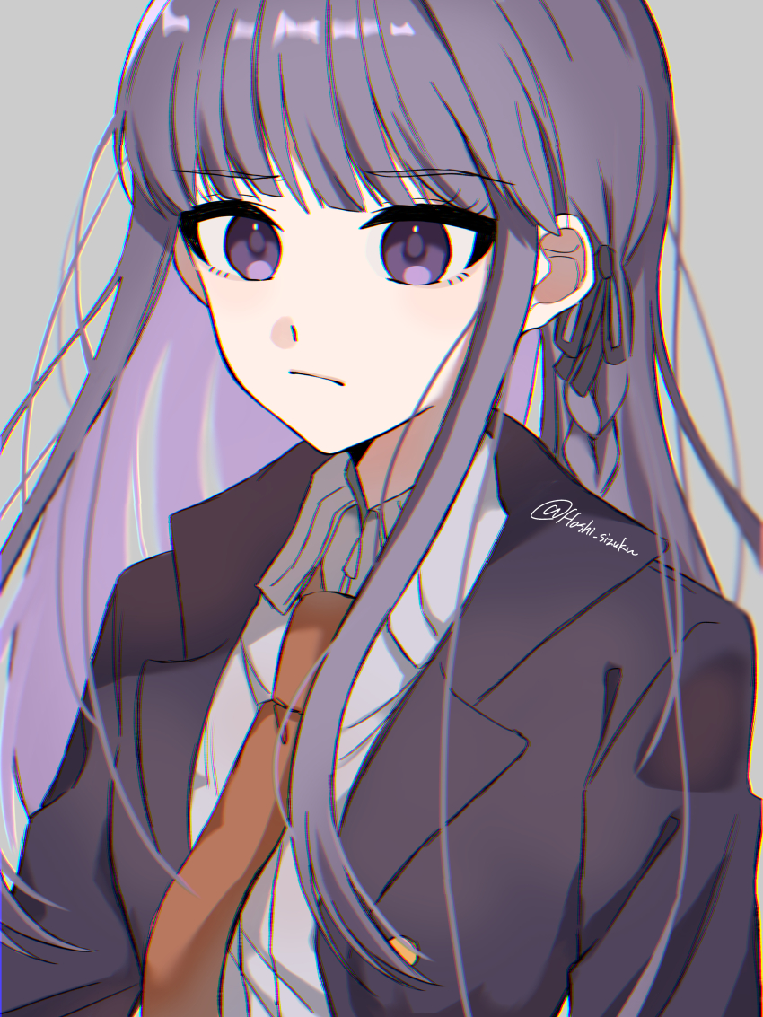 1girl absurdres braid brown_necktie closed_mouth collared_shirt danganronpa:_trigger_happy_havoc danganronpa_(series) frown gloves grey_shirt hair_ribbon highres hoshi_no_shizuku jacket kirigiri_kyoko long_hair multicolored_hair necktie open_clothes open_jacket purple_eyes ribbon shirt signature simple_background solo two-tone_hair