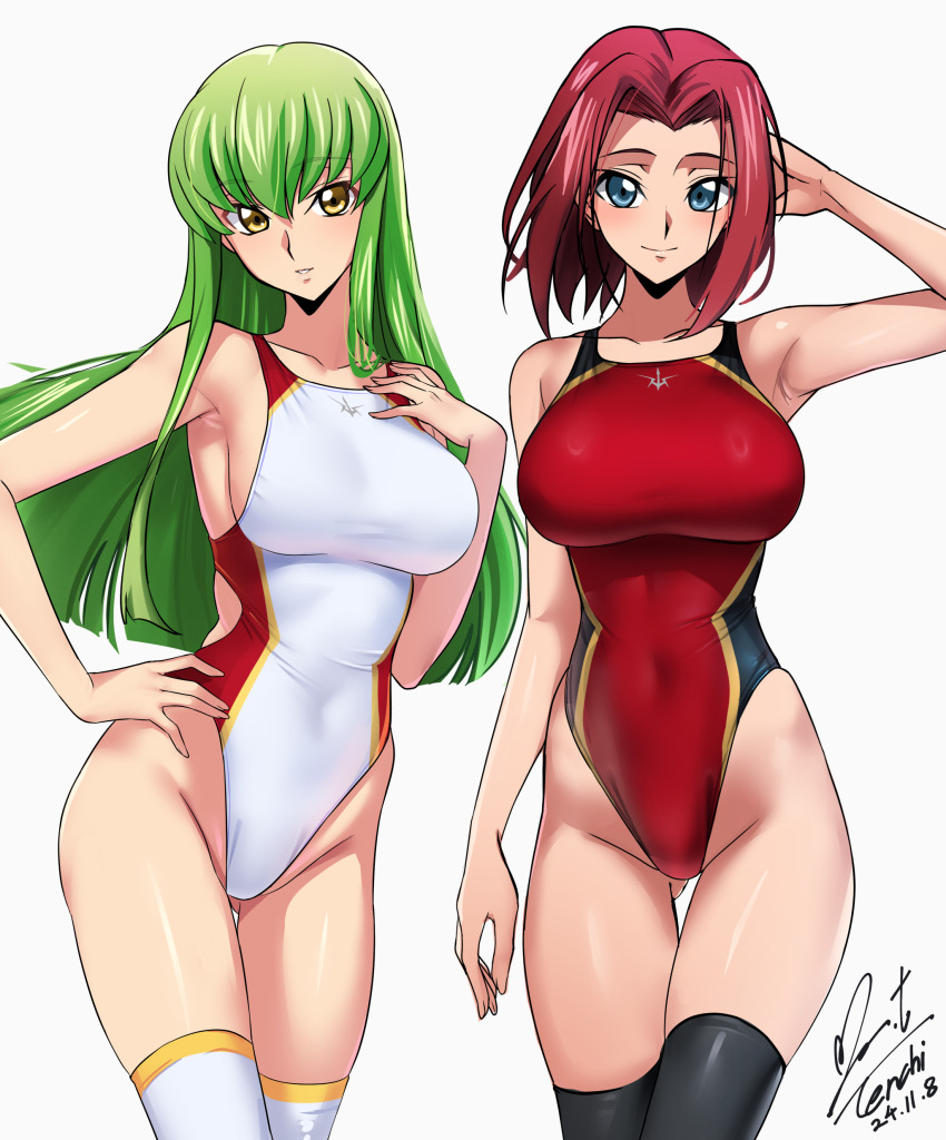 absurdres arm_at_side arm_behind_head arm_up armpits bare_arms bare_shoulders black_thighhighs blue_eyes blush bob_cut breasts c.c. closed_mouth code_geass commentary_request competition_swimsuit covered_navel cowboy_shot dated gluteal_fold green_hair groin hair_intakes hand_on_own_hip highleg highleg_one-piece_swimsuit highres kouzuki_kallen large_breasts long_hair looking_at_viewer one-piece_swimsuit red_hair red_one-piece_swimsuit short_hair sidelocks signature simple_background smile standing swimsuit thigh_gap thighhighs white_background white_one-piece_swimsuit white_thighhighs yellow_eyes yoo_tenchi