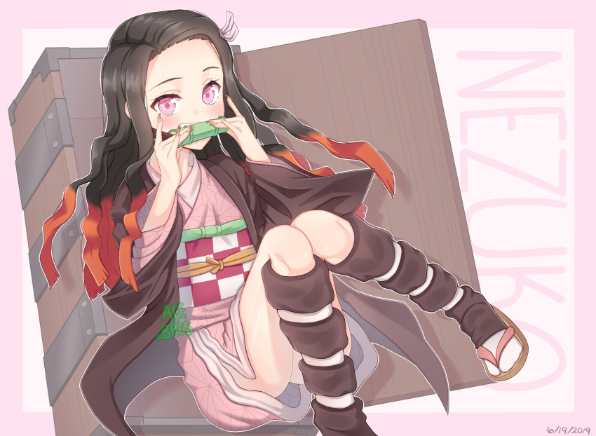 1girl 2019 ace_of_bros black_hair blush dated fingernails flat_chest floating gradient_hair highres japanese_clothes kamado_nezuko kimetsu_no_yaiba kimono long_hair mouthless multicolored_hair orange_hair pink_background pink_eyes sandals sharp_fingernails socks white_socks wooden_box