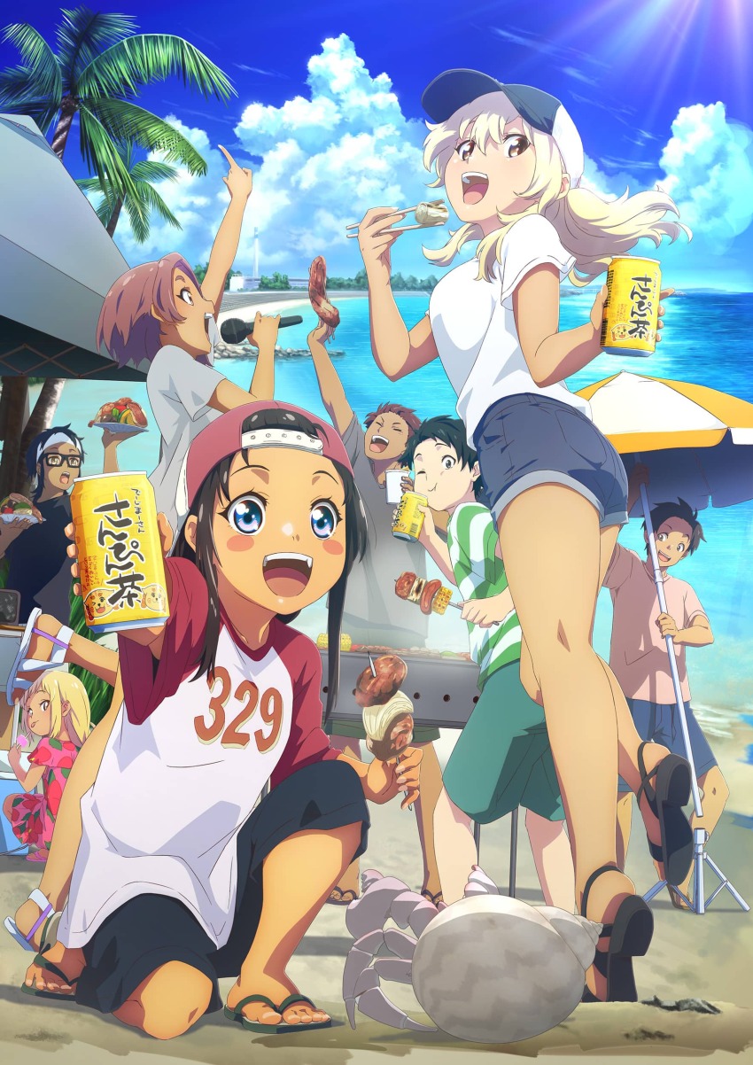 2others 3boys 3girls absurdres ass backwards_hat baseball_cap beach beach_umbrella black_hair black_hat black_shorts blonde_hair blue_eyes blue_sky blush_stickers brown_eyes can chopsticks closed_eyes clothes_writing cloud cloudy_sky denim denim_shorts eating hat hermit_crab higa_kana highres holding holding_can holding_chopsticks holding_skewer horizon kyan_hina long_hair multiple_boys multiple_girls multiple_others nakamura_teruaki ocean official_art okinawa_de_suki_ni_natta_ko_ga_hougen_sugite_tsurasugiru on_one_knee one_eye_closed open_mouth palm_tree promotional_art red_hat red_sleeves sandals shell shirt short_hair short_sleeves shorts skewer sky smile standing tan teeth tree two-tone_headwear umbrella upper_teeth_only white_hat white_shirt