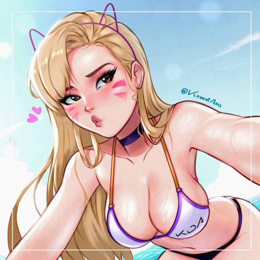 1girl alternate_hair_color artist_name black_panties blonde_hair blue_sky bra breasts brown_eyes d.va_(overwatch) facial_mark heart highres konomidraws large_breasts lipstick long_hair looking_to_the_side makeup navel overwatch panties signature sky underwear very_long_hair white_bra