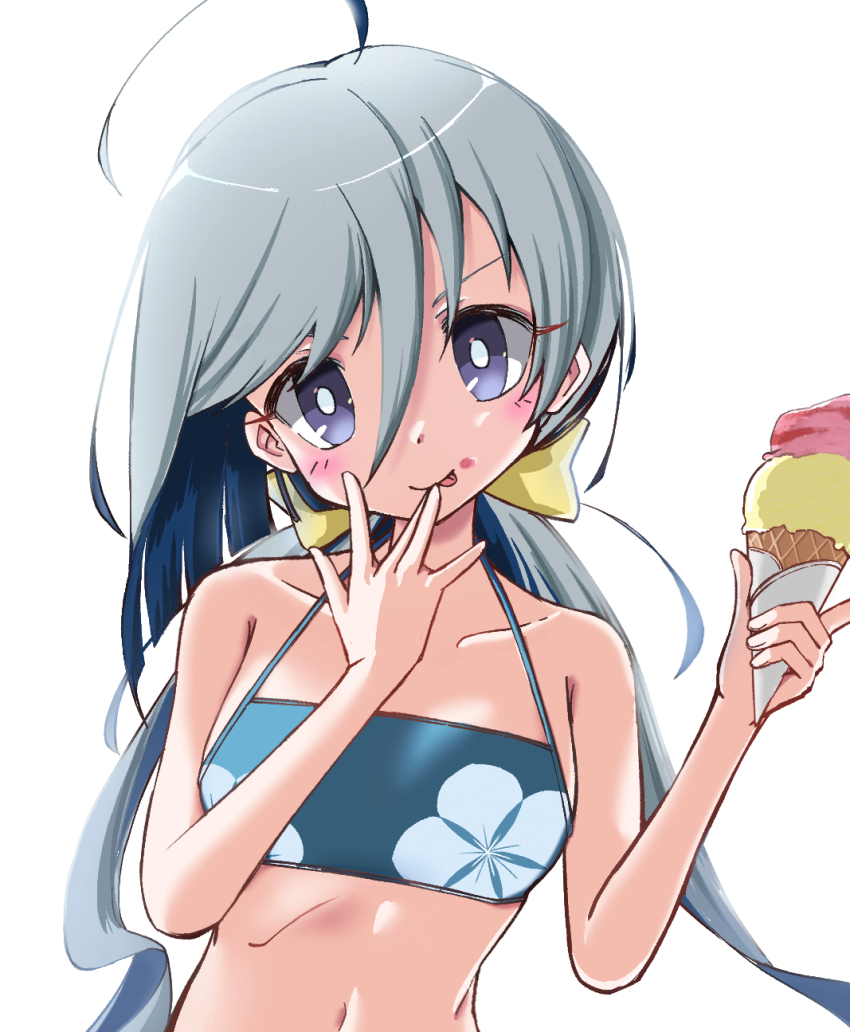 1girl ahoge bikini blue_bikini collarbone flat_chest floral_print food grey_eyes grey_hair hair_between_eyes highres ice_cream kantai_collection kiyoshimo_(kancolle) kiyoshimo_kai_ni_(kancolle) kiyoshimo_kai_ni_(swimsuit_mode)_(kancolle) licking long_hair low_twintails simple_background solo swimsuit tongue tongue_out twintails upper_body wada-kun white_background