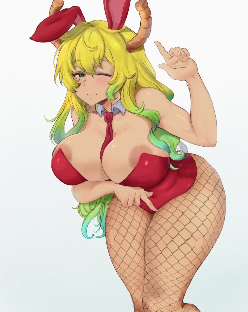 1girl absurdres alterlesott animal_ears areola_slip blonde_hair breasts dragon_girl dragon_horns fake_animal_ears fishnets highres horns kobayashi-san_chi_no_maidragon leaning_forward leotard lucoa_(maidragon) multicolored_hair necktie one_eye_closed pantyhose playboy_bunny rabbit_ears solo thick_thighs thighs wide_hips wink