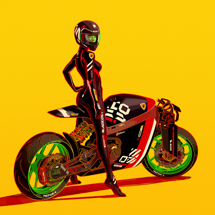 1girl black_bodysuit black_footwear bodysuit breasts ducati full_body hand_on_own_hip helmet highres joon_ahn looking_at_viewer motor_vehicle motorcycle motorcycle_helmet original simple_background small_breasts standing vehicle_focus yellow_background