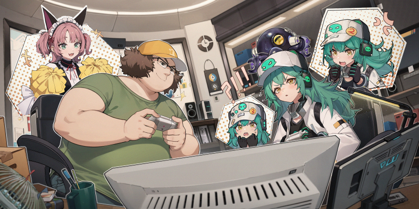 !? 1boy 1girl absurdres akiha_rumiho akiha_rumiho_(cosplay) antonina_(neural_cloud) aqua_hair baseball_cap brown_hair commentary_request controller cosplay crossover douwo_mkd fat fat_man fisheye game_cg game_controller girls&#039;_frontline girls&#039;_frontline_neural_cloud glasses gloves green_eyes green_shirt hashida_itaru hat headphones highres holding holding_controller holding_game_controller image_in_thought_bubble indoors maid monitor official_art otaku pink_hair pom_pom_(cheerleading) shirt steins;gate t-shirt white_headwear yellow_eyes yellow_headwear