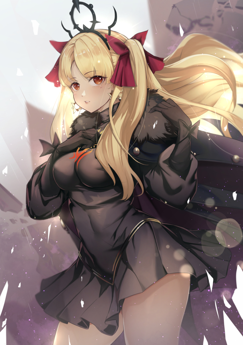 1girl absurdres black_cape black_dress black_gloves blonde_hair breasts cape dark-skinned_female dark_skin dress earrings elbow_gloves ereshkigal_(fate) ereshkigal_alter_(fate) fate/grand_order fate_(series) fur-trimmed_cape fur_trim gloves hair_ribbon highres hoop_earrings jewelry long_hair long_sleeves looking_at_viewer medium_breasts parted_bangs red_eyes ribbon tan thighs tiara two_side_up ura_illust