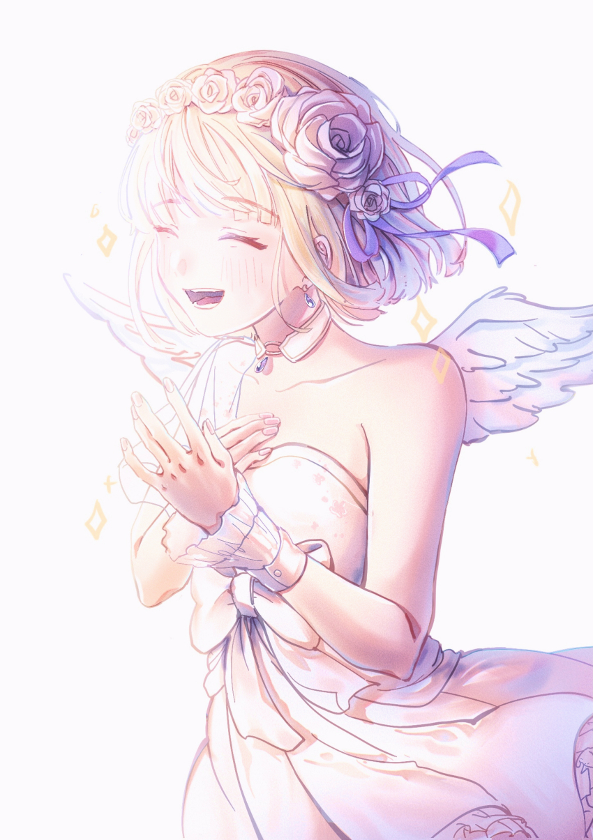 1girl angel_wings blonde_hair blush closed_eyes dress flower hair_flower hair_ornament hair_ribbon highres honeyworks jewelry narumi_mona open_mouth ribbon ring short_hair simple_background smile solo white_background white_dress wings yul_luy