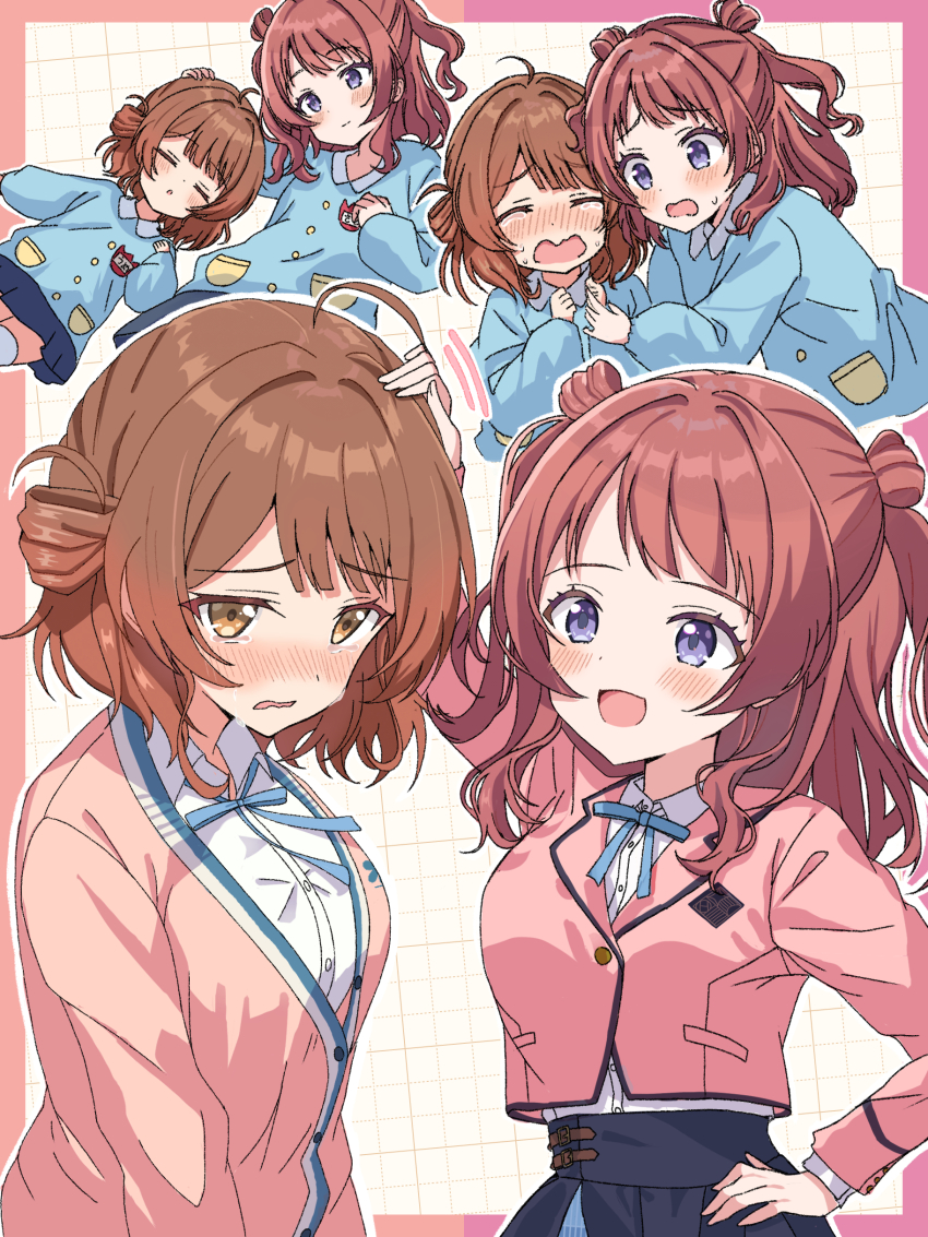 2girls absurdres age_progression aged_down ahoge blazer blush brown_cardigan brown_hair cardigan commentary_request crying embarrassed gakuen_idolmaster grid_background hanami_saki hanami_ume hatsuboshi_gakuen_school_uniform headpat highres hiyoko_neneko idolmaster jacket kindergarten_uniform looking_at_another multiple_girls multiple_views pink_jacket school_uniform siblings sisters smile smock