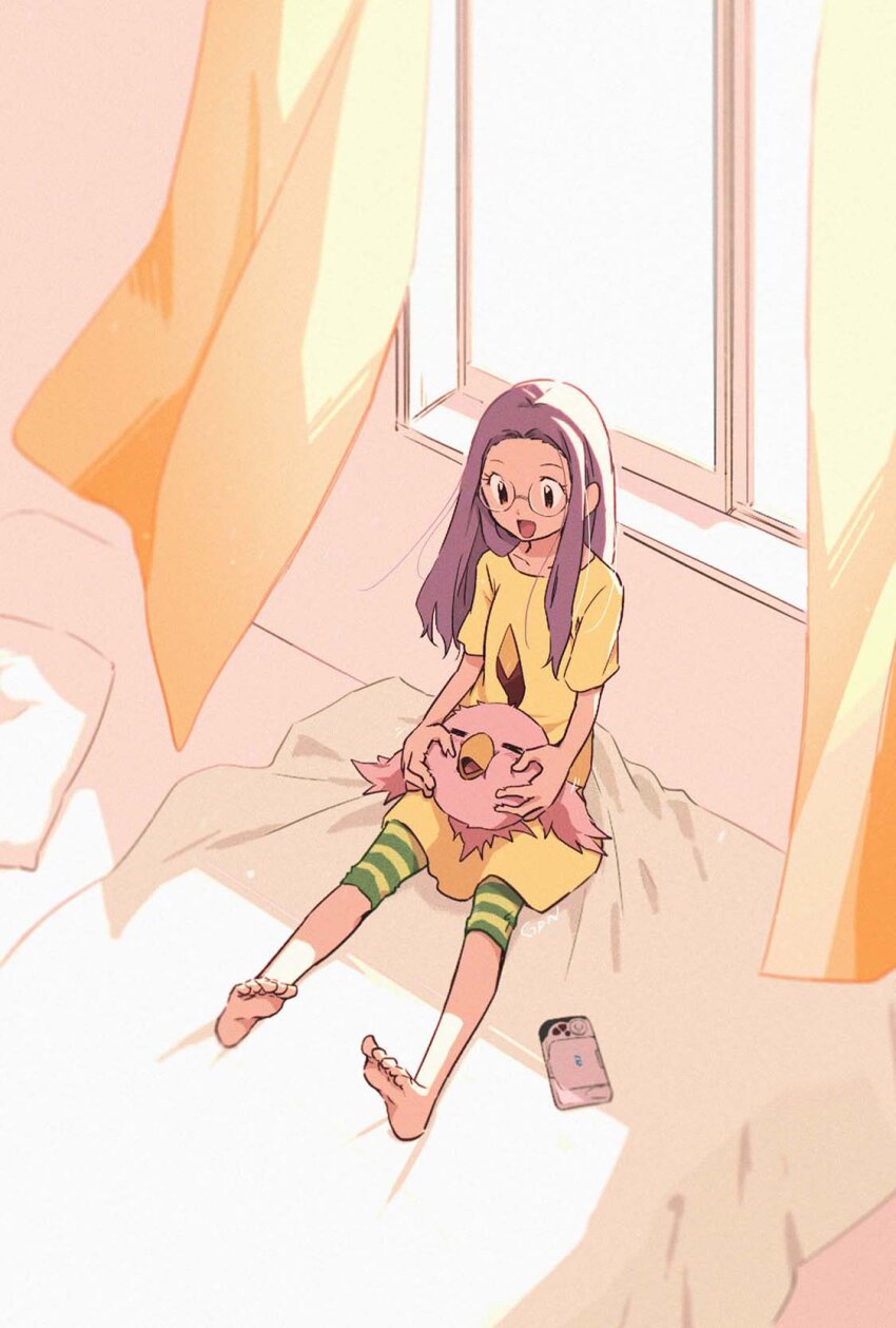 1girl :d barefoot bed_sheet bedroom collarbone digimon digimon_(creature) digimon_adventure_02 dress full_body gdn0522 glasses highres indoors inoue_miyako long_hair on_bed open_mouth pants pants_under_dress pink_hair poromon rimless_eyewear short_sleeves sitting smile straight_hair striped_clothes striped_pants yellow_dress