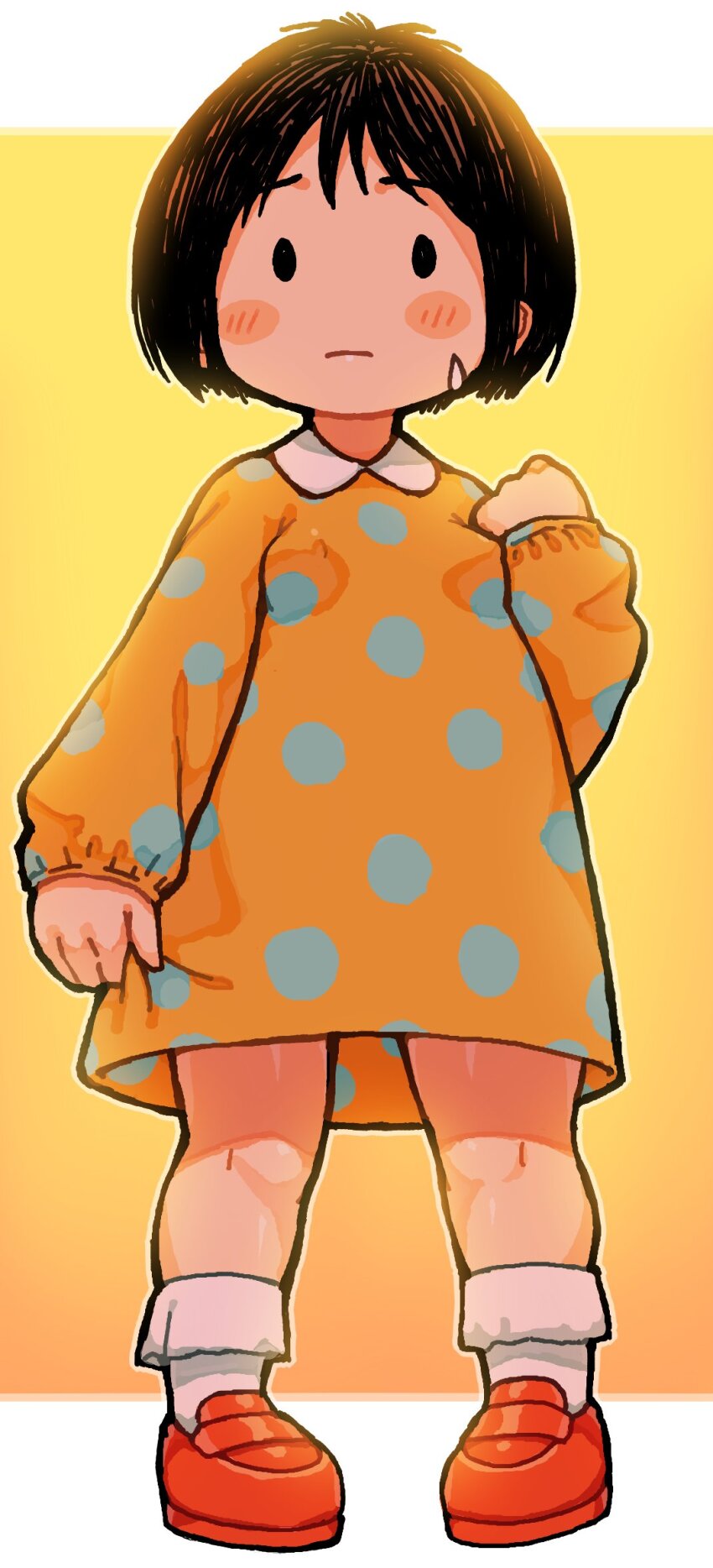 1girl bachera black_eyes blush_stickers brown_hair closed_mouth dress full_body halftone highres long_sleeves orange_background polka_dot polka_dot_dress polka_dot_legwear shoes short_hair socks solo standing tonari_no_seki_no_masuda-kun yellow_background