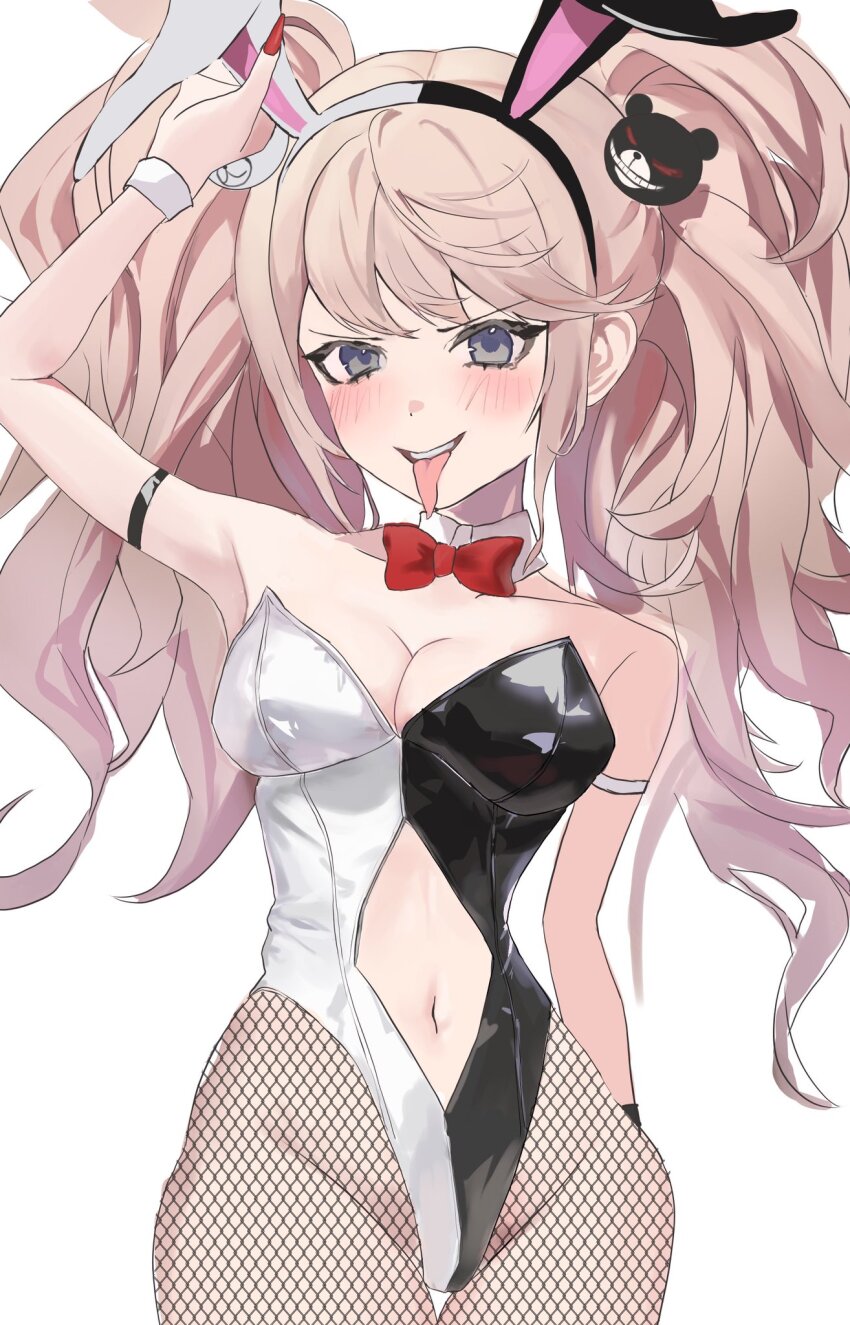 1girl :p animal_ears arm_up bare_shoulders bear_hair_ornament black_leotard blonde_hair blush bow bowtie breasts clothing_cutout collarbone danganronpa:_trigger_happy_havoc danganronpa_(series) detached_collar enoshima_junko fake_animal_ears fishnet_pantyhose fishnets hair_ornament highres large_breasts leotard long_hair mi_kaze-yaki nail_polish navel navel_cutout official_alternate_costume pantyhose red_bow red_bowtie red_nails smile solo tongue tongue_out twintails two-tone_leotard white_leotard