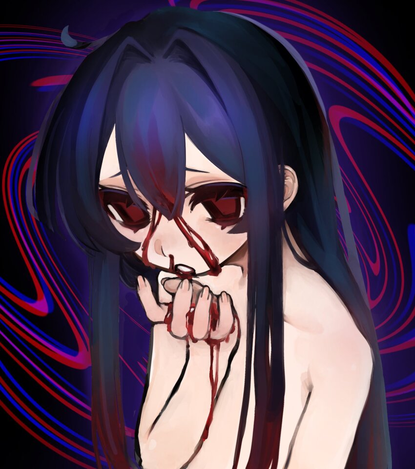 1girl abstract_background black_background black_hair bleeding blood blood_in_hair blood_on_face blood_on_hands blue_background commentary_request completely_nude furrowed_brow gradient_hair hair_intakes half-closed_eyes hand_up highres looking_at_viewer multicolored_background multicolored_hair no_pupils nosebleed nude open_mouth original raised_eyebrows red_background red_eyes red_hair sidelocks solo thick_eyelashes uee_m upper_body