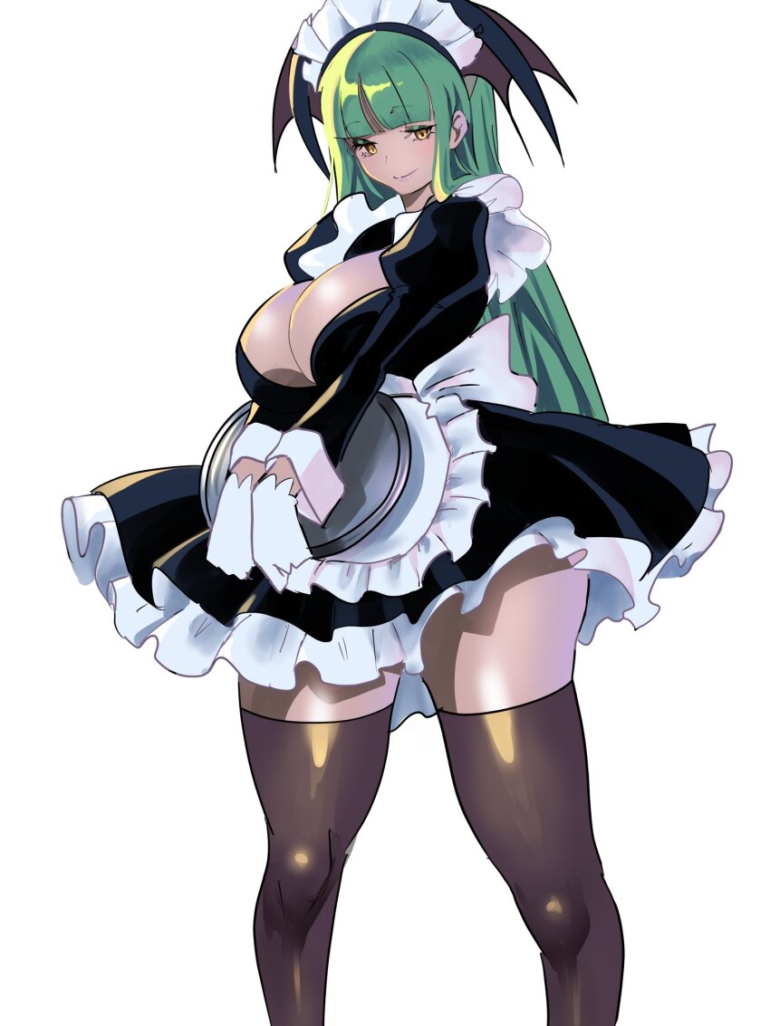 1girl alternate_costume apron black_dress black_thighhighs blunt_bangs breasts cleavage darkstalkers demon_girl dress enmaided frills full_body gloves green_hair head_wings headdress highres huge_breasts large_breasts long_hair looking_at_viewer maid maid_apron maid_headdress meke_(77842928) morrigan_aensland puffy_sleeves shoes simple_background smile solo standing thighhighs thighs tray white_apron white_background white_gloves wings yellow_eyes