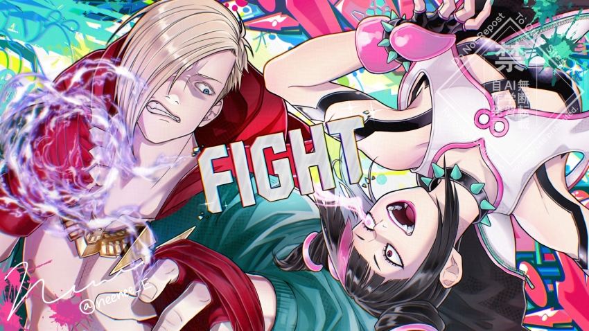 1boy 1girl arm_up asymmetrical_bangs bare_pectorals bare_shoulders black_choker black_hair black_pants blonde_hair blue_eyes bracelet breasts choker clenched_hand clenched_teeth commentary cropped_jacket ed_(street_fighter) english_text eye_contact eyelashes fangs fingerless_gloves gloves hair_horns han_juri highres hood hood_down hoodie jewelry looking_at_another magic multicolored_clothes multicolored_gloves multicolored_hair multicolored_hoodie necklace neenee_e open_clothes open_hoodie open_mouth paint_splatter pants pectorals pink_eyes red_gloves red_hood sharp_teeth short_hair spiked_bracelet spiked_choker spikes streaked_hair street_fighter street_fighter_6 teeth tongue twitter_username upside-down watermark