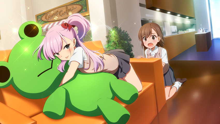 2girls :p blue_eyes blush brown_eyes brown_footwear brown_hair brown_sweater_vest collared_shirt couch crossover furrowed_brow game_cg gekota grey_skirt indoors kneeling long_hair looking_at_another looking_at_viewer loose_socks lying misaka_mikoto multiple_girls official_art on_couch one_side_up open_mouth pink_hair pleated_skirt school_uniform shirt shoes short_hair short_sleeves skirt socks stuffed_animal stuffed_frog stuffed_toy summer_uniform sweater_vest toaru_kagaku_no_railgun toaru_majutsu_no_index toji_no_miko toji_no_miko:_kizamishi_issen_no_tomoshibi tokiwadai_school_uniform tongue tongue_out tsubakuro_yume white_shirt white_socks