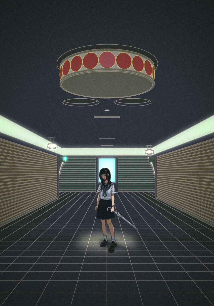 1girl amemori_sayo arms_at_sides black_footwear black_hair black_sailor_collar black_skirt blue_neckerchief braid ceiling_light hair_over_shoulder highres holding holding_umbrella indoors long_bangs long_hair looking_at_viewer low_twin_braids neckerchief nijisanji nkymyura pleated_skirt sailor_collar shirt shoes short_sleeves skirt socks solo spotlight tile_floor tiles twin_braids umbrella very_wide_shot virtual_youtuber watch white_shirt white_socks wristwatch