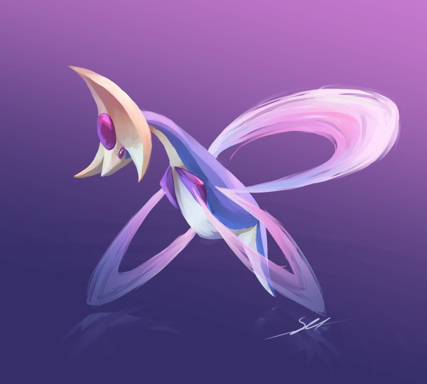 commentary creatures_(company) cresselia full_body game_freak gen_4_pokemon highres legendary_pokemon likey looking_down nintendo no_humans pokemon pokemon_(creature) purple_background purple_eyes reflection signature solo