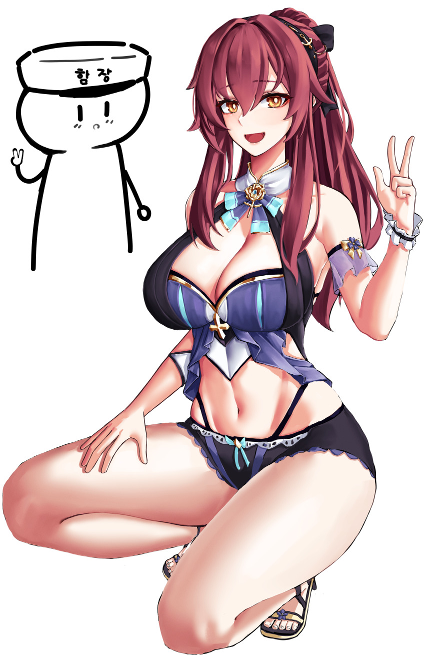 1boy 1girl absurdres bare_legs bare_shoulders bikini black_bikini black_footwear breasts captain_(honkai_impact) cleavage denim denim_shorts doodle_inset eden_(flowing_rhyme)_(honkai_impact) eden_(honkai_impact) hair_ornament hand_on_own_thigh highleg highleg_swimsuit highres honkai_(series) honkai_impact_3rd large_breasts long_hair looking_at_another looking_at_viewer midriff navel official_alternate_costume pyeong_il red_hair sandals shorts squatting swimsuit very_long_hair w white_background yellow_eyes