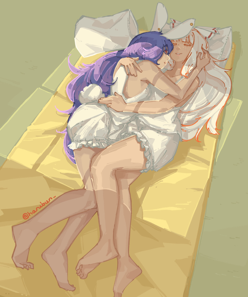 2girls absurdres animal_ears barefoot bloomers camisole closed_eyes feet fujiwara_no_mokou full_body futon haru_bun highres hug long_hair looking_at_another lying multiple_girls on_back on_side pillow purple_hair rabbit_ears rabbit_girl rabbit_tail reisen_udongein_inaba tail touhou twitter_username underwear very_long_hair white_bloomers white_camisole white_hair window_shadow yuri