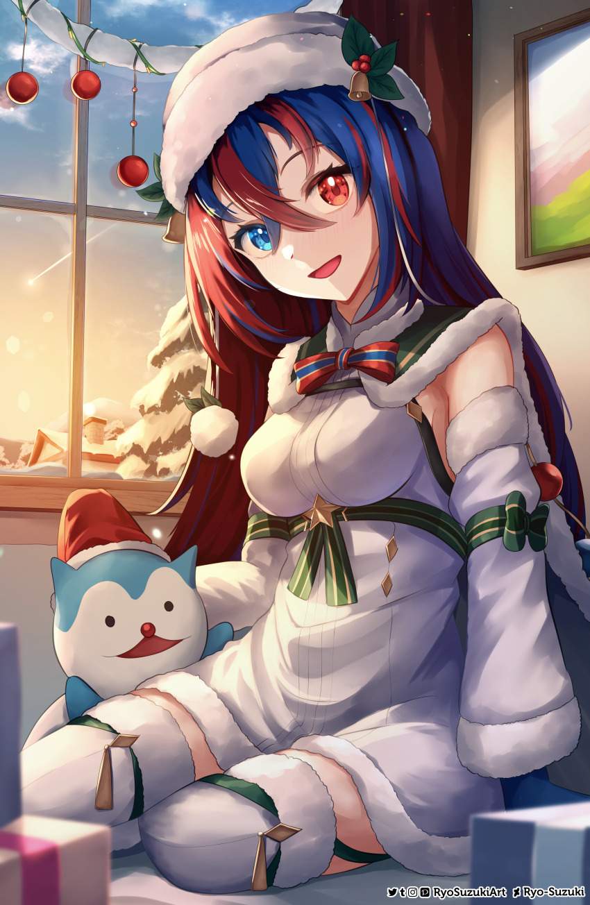 1girl 1other absurdres alear_(female)_(fire_emblem) alear_(female)_(gifted_dragons)_(fire_emblem) alear_(fire_emblem) blue_gloves breasts christmas christmas_ornaments commentary commentary_request crossed_bangs english_commentary fire_emblem fire_emblem_engage fire_emblem_heroes fur-trimmed_headwear fur_trim fur_wrist_cuffs gloves heterochromia highres indoors mixed-language_commentary multicolored_hair nintendo official_alternate_costume pine_tree ryo-suzuki santa_costume snow sommie_(fire_emblem) split-color_hair tree two-tone_hair window wrist_cuffs