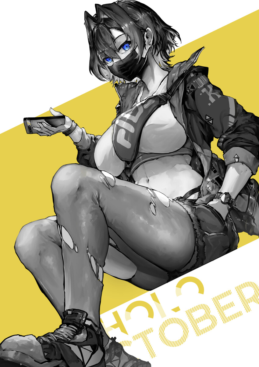 1girl absurdres alternate_costume blue_eyes bracelet breasts cellphone commentary covered_mouth crop_top earrings fanny_pack greyscale_with_colored_background hair_between_eyes hair_intakes hand_in_pocket highres holding holding_phone hololive hololive_english jacket jewelry large_breasts looking_at_viewer mask mouth_mask navel open_clothes open_jacket ouro_kronii pantyhose phone shoes short_hair shorts sitting sleeves_rolled_up smartphone sneakers solo spot_color stud_earrings torn_clothes torn_pantyhose two-tone_background virtual_youtuber vyragami watch white_background wristwatch yellow_background