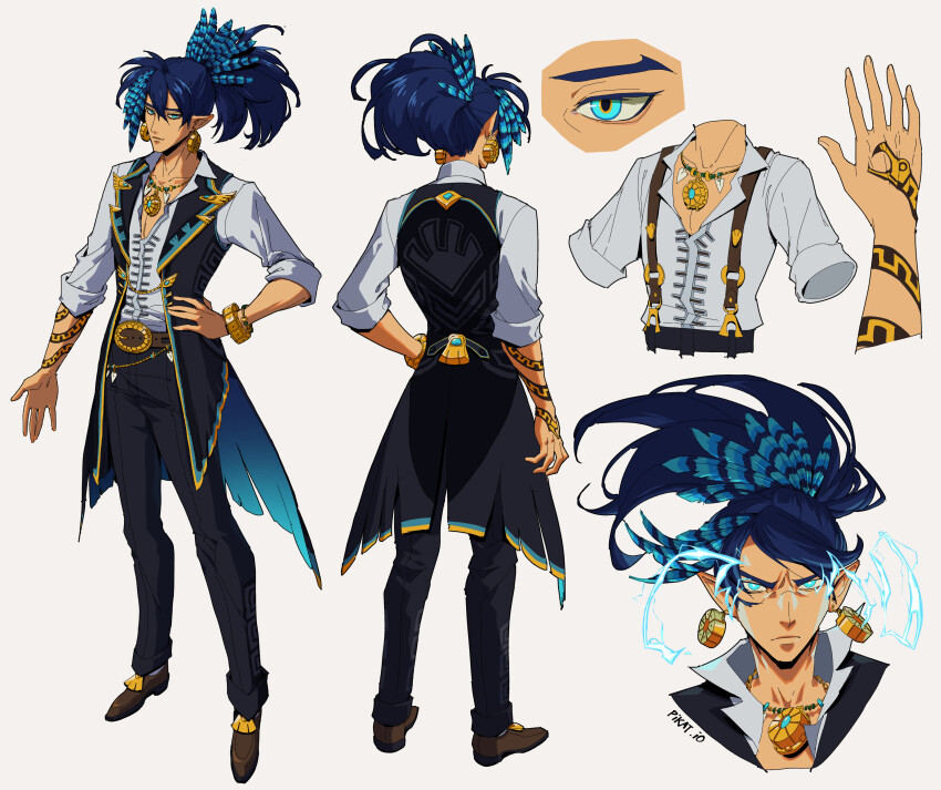 1boy absurdres arm_tattoo belt belt_buckle black_vest blue_eyes blue_hair buckle character_sheet earrings feather_hair_ornament feathers frown glowing glowing_eyes hair_ornament highres jewelry male_focus necklace original pikat pointy_ears ponytail serious sleeves_rolled_up tattoo vest