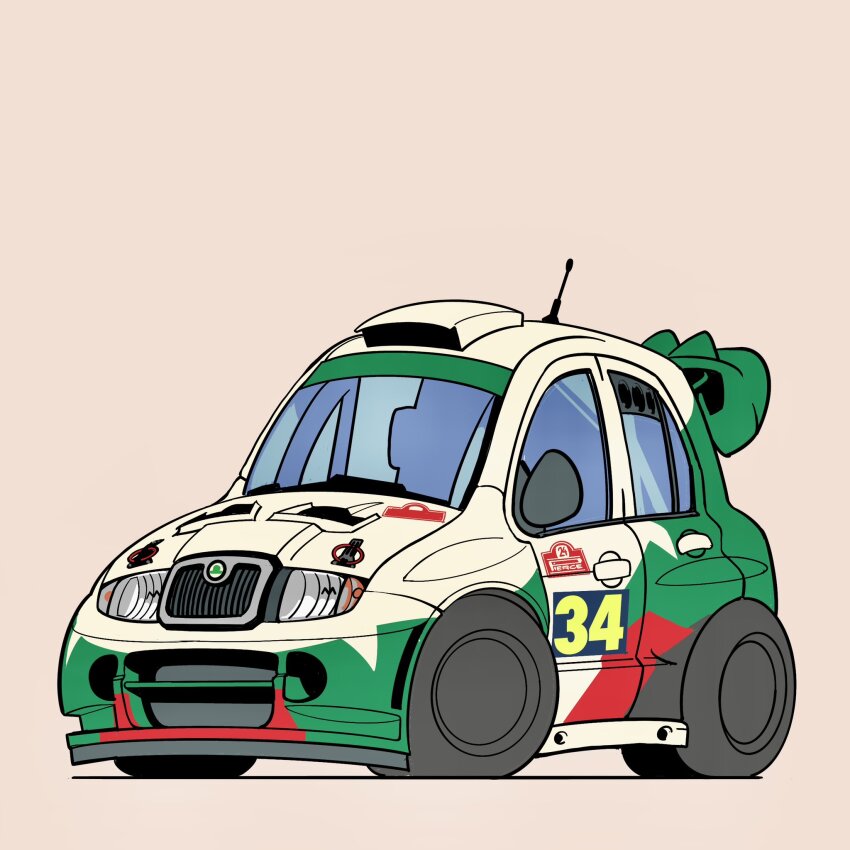 car chibi commentary english_commentary highres motor_vehicle no_humans pink_background race_vehicle racecar radio_antenna rally_car shadow skoda skoda_fabia spoiler_(automobile) vehicle_focus will_pierce world_rally_championship