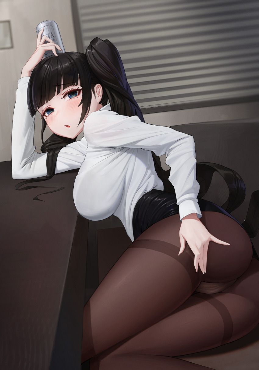 1girl :o absurdres artist_request ass black_eyes black_hair black_skirt blush breasts brown_pantyhose can can_on_head clothes_lift collared_shirt drink hand_up highres holding holding_can holding_drink indoors large_breasts long_hair neck_ribbon no_eyewear original pantyhose parted_lips ribbon school_uniform second-party_source shirt skirt skirt_lift solo thighband_pantyhose thighs twintailed_girl_(woo_ing)