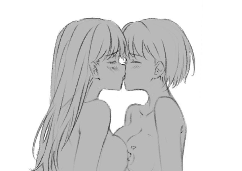 2girls absurdres bang_dream! bang_dream!_it&#039;s_mygo!!!!! blush breasts cleavage closed_eyes collarbone commentary french_kiss greyscale highres kiss large_breasts long_hair monochrome multiple_girls nude scrmbl18120915 shiina_taki short_hair simple_background takamatsu_tomori upper_body white_background yuri